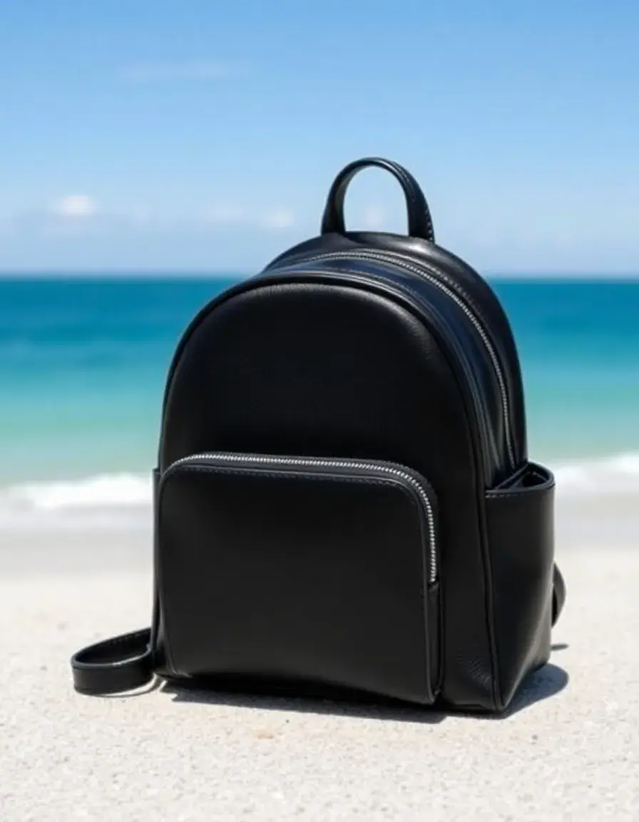 Black mini leather backpack for women