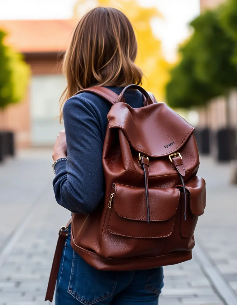 Brown large leather backpack women