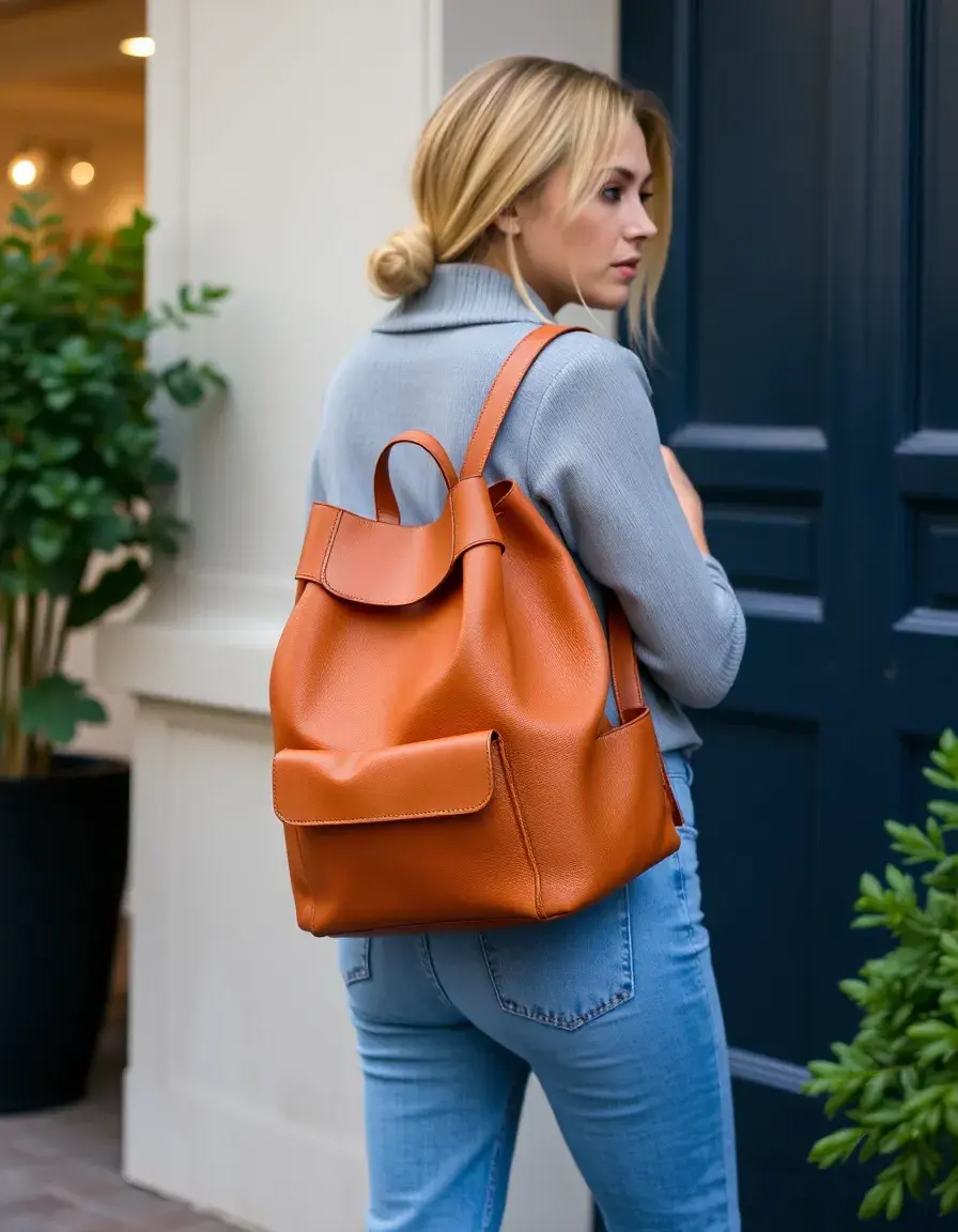 Tan designer leather backpack women