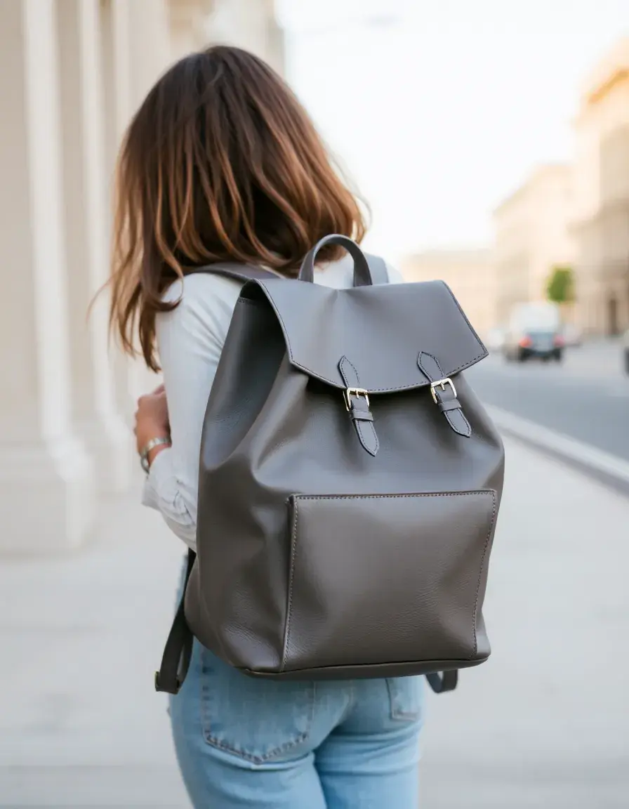 Gray vegan leather backpack women