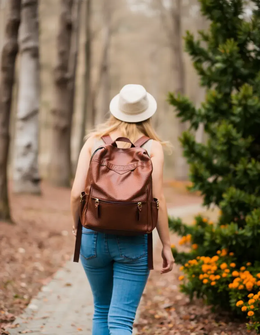 Travel brown leather backpack women