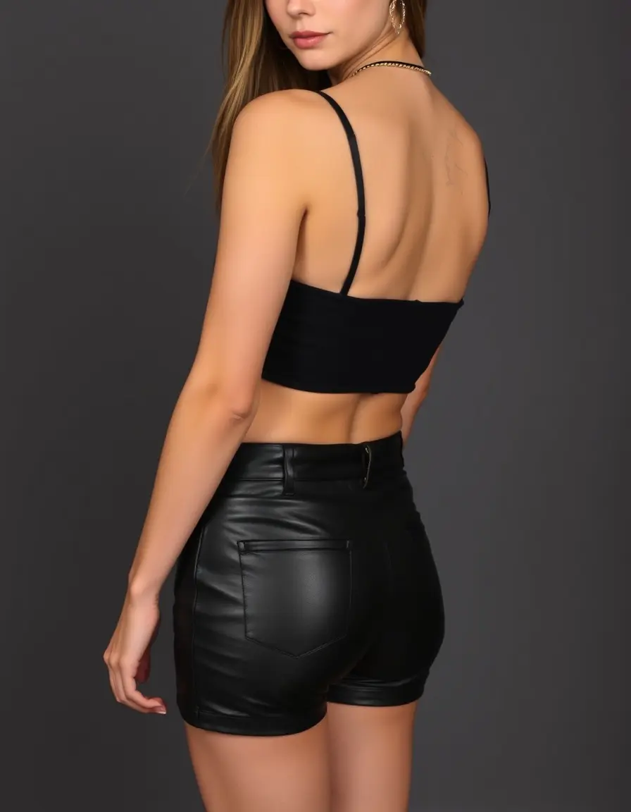 Black high-waisted leather shorts on model