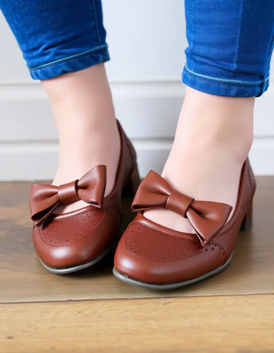 Brown bow decorated leather ballet flats