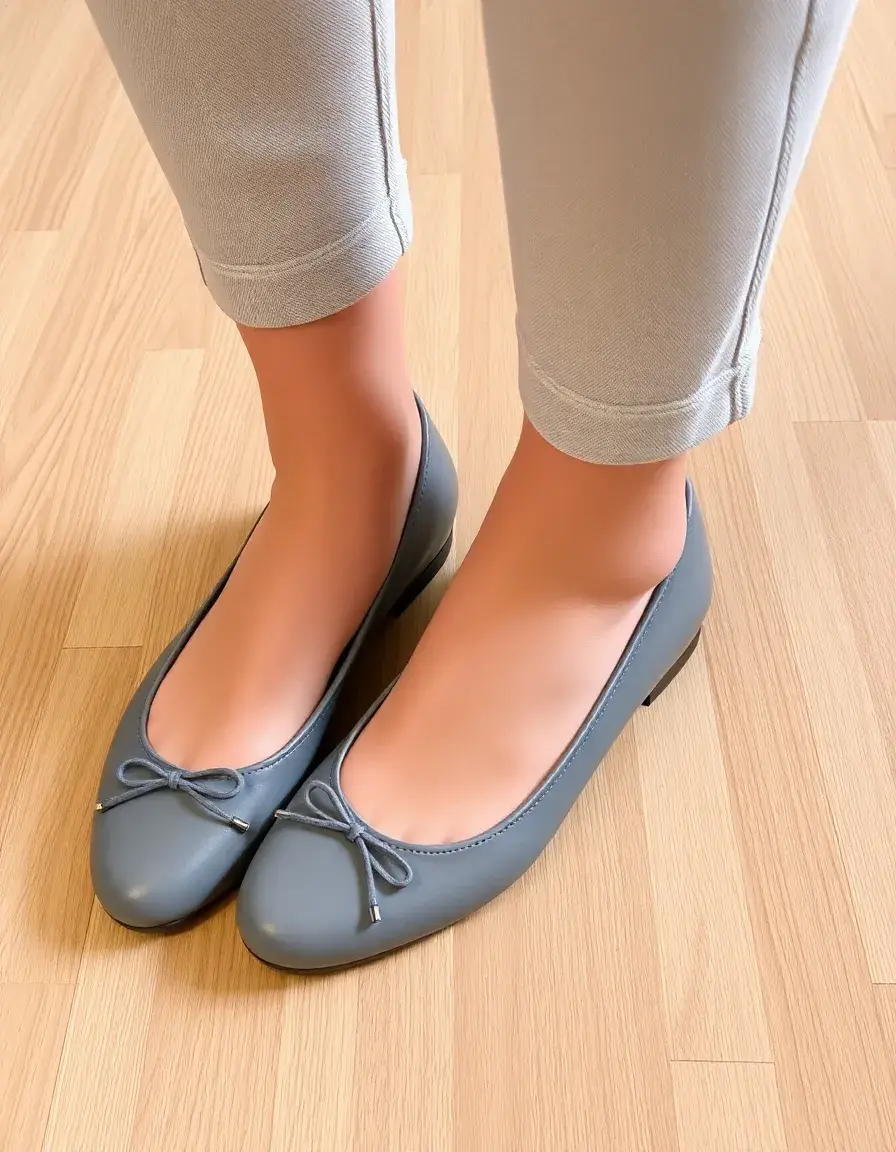 Gray round toe leather ballet flats