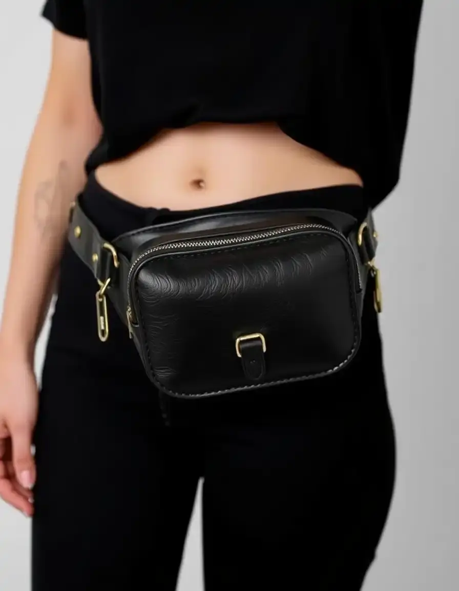 Black fanny pack style leather belt bag