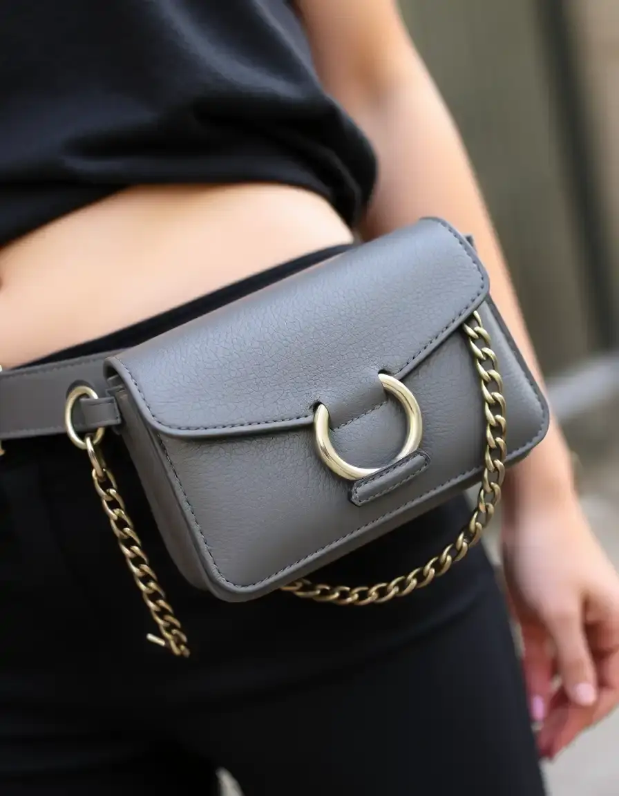 Gray chain accent leather belt bag