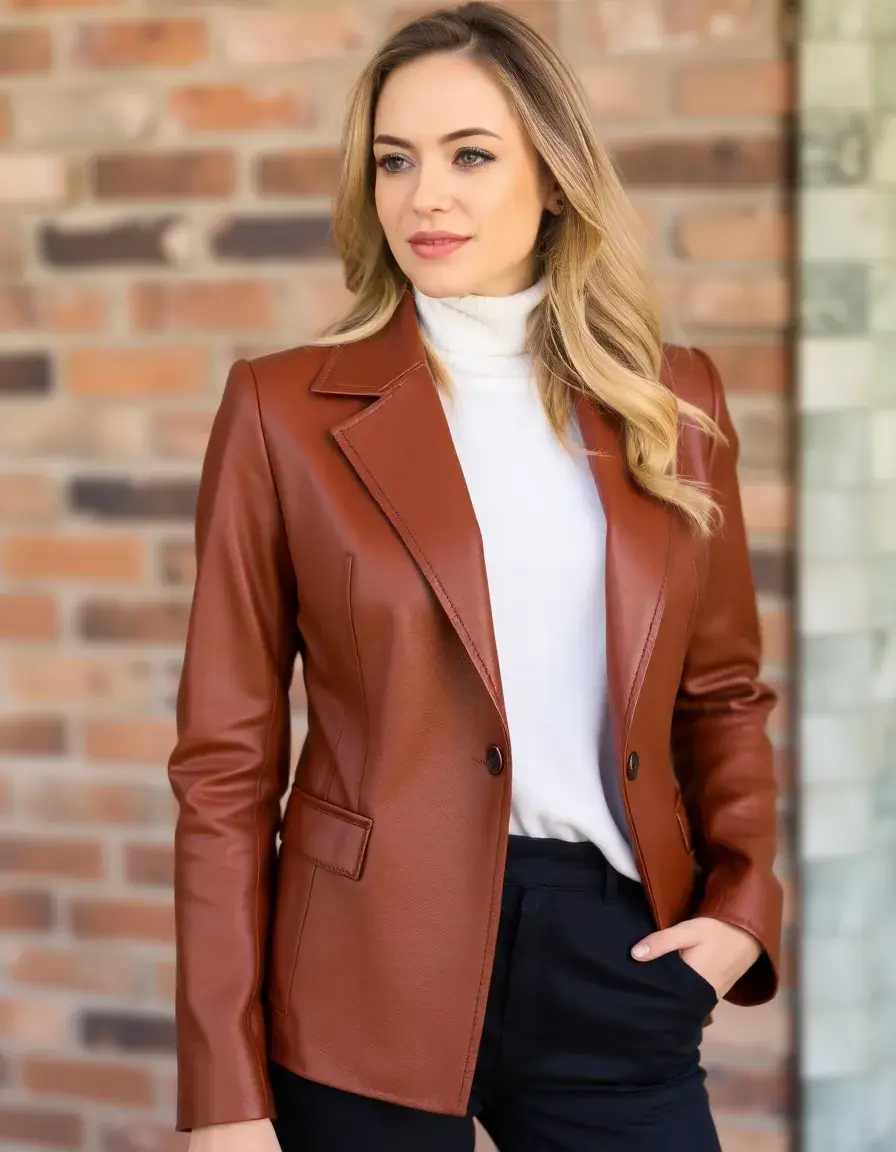 Brown women's leather blazer fitted