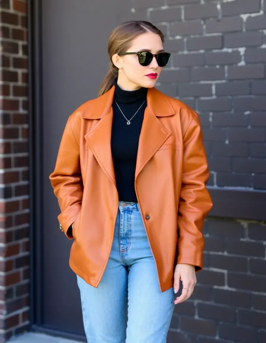 Tan oversized leather blazer