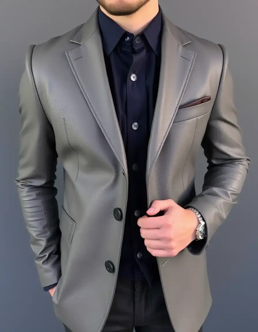 Gray slim fit leather blazer