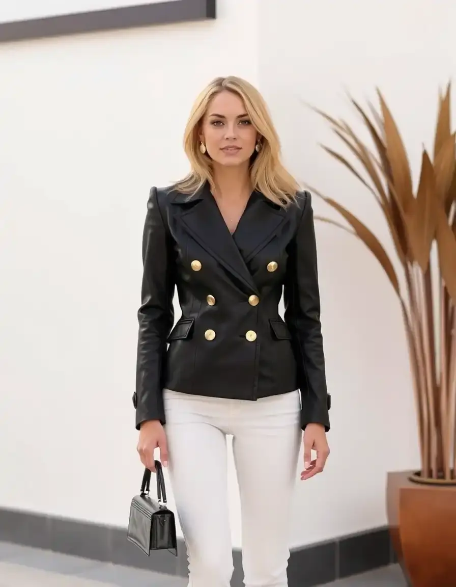 Black double breasted leather blazer