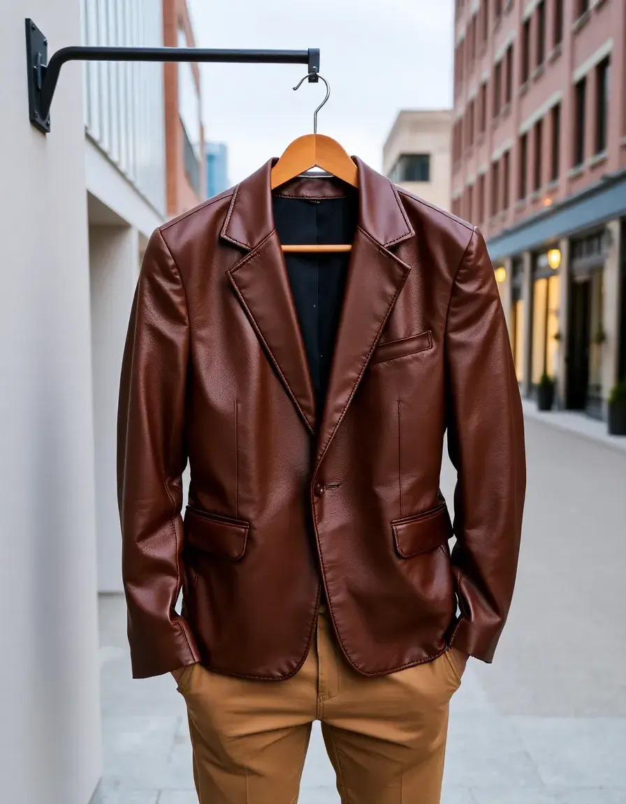 Brown single button leather blazer