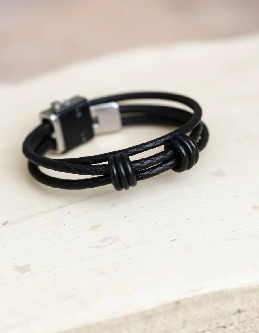 Black cuff leather bracelet men