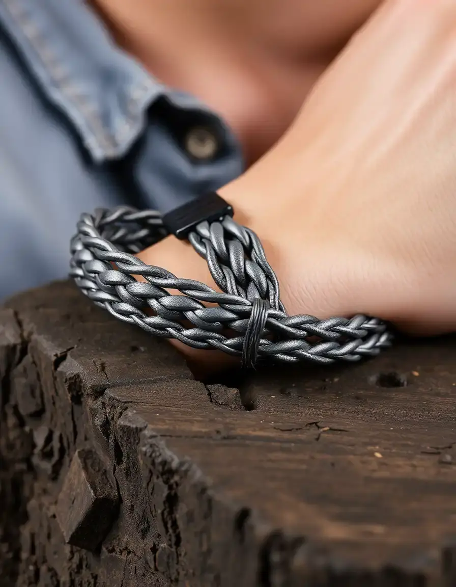 Gray braided leather bracelet men