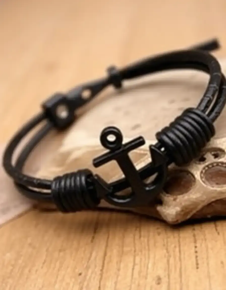 Black anchor charm leather bracelet men