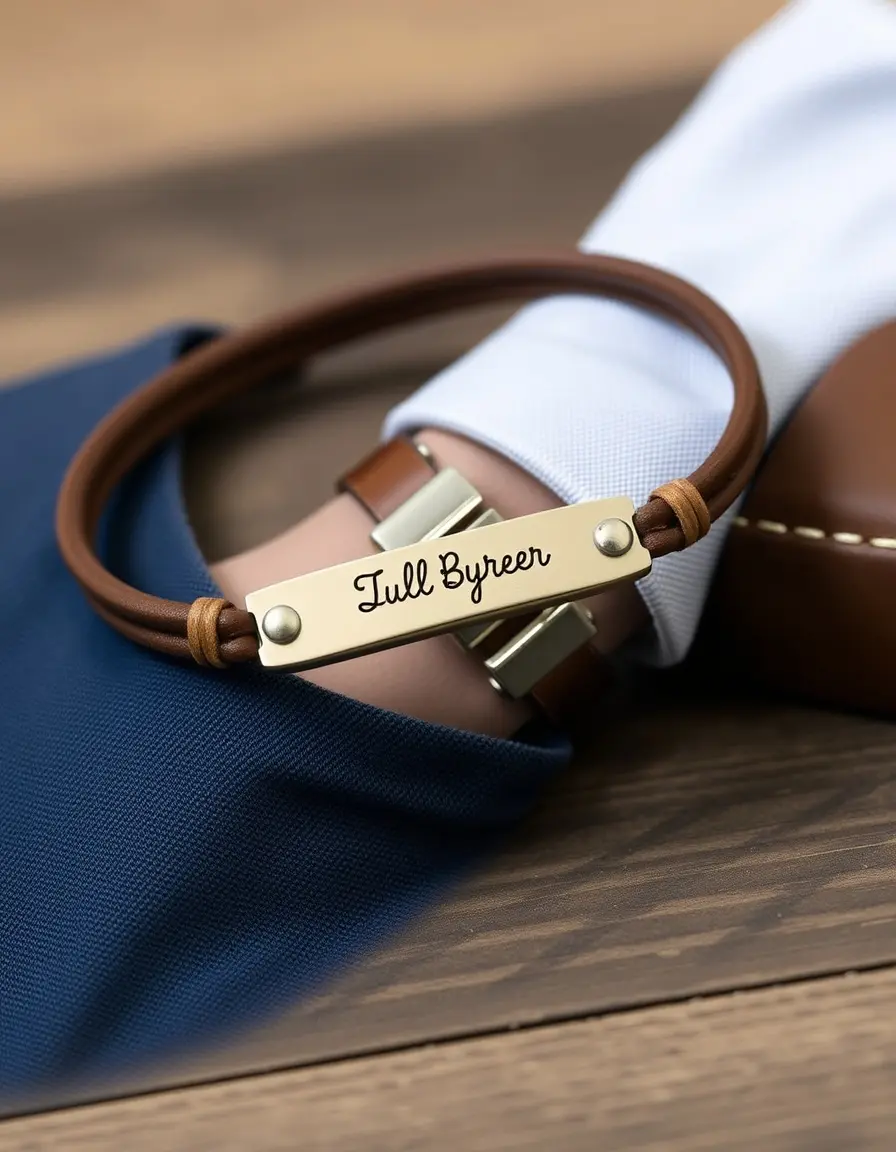 Brown personalized engraved leather bracelet men