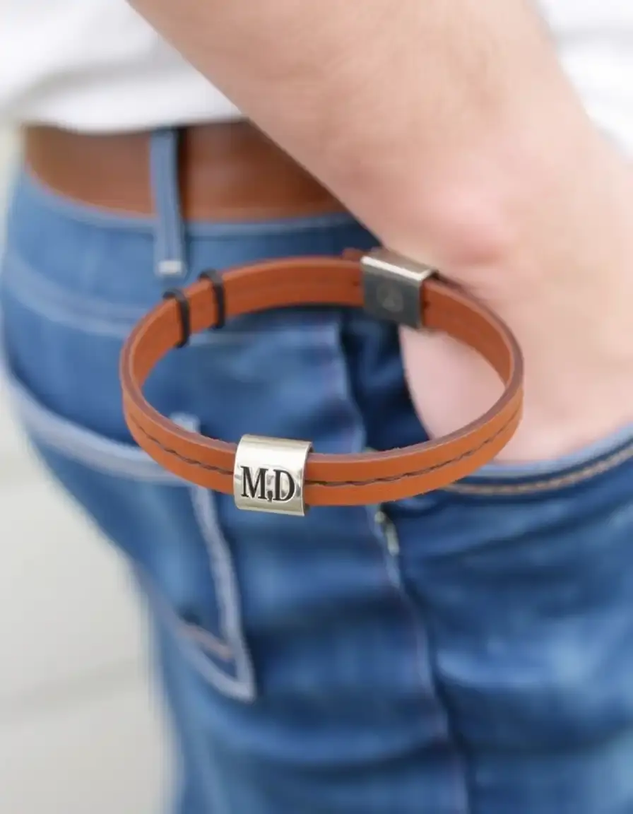 Tan wide band leather bracelet men
