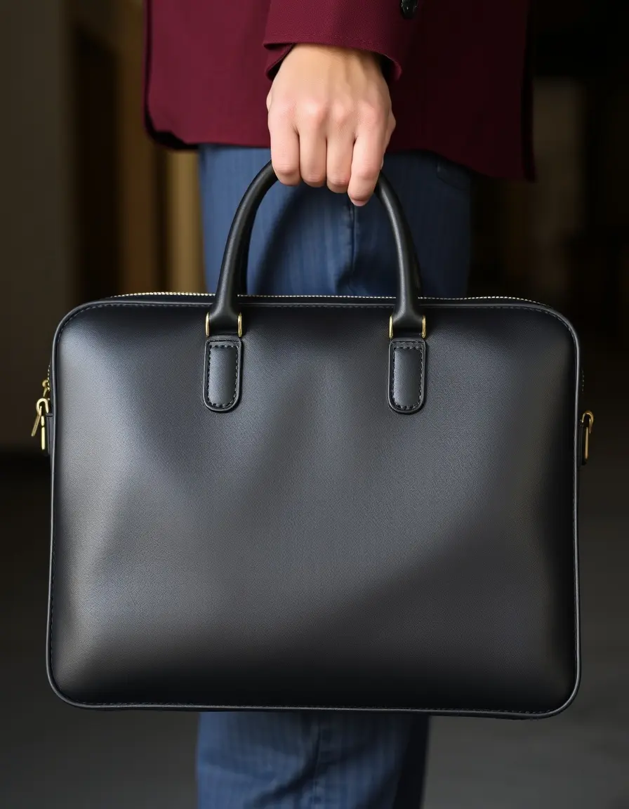 Black slim leather briefcase with handle