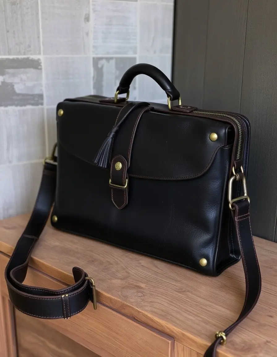 Black vintage distressed leather briefcase