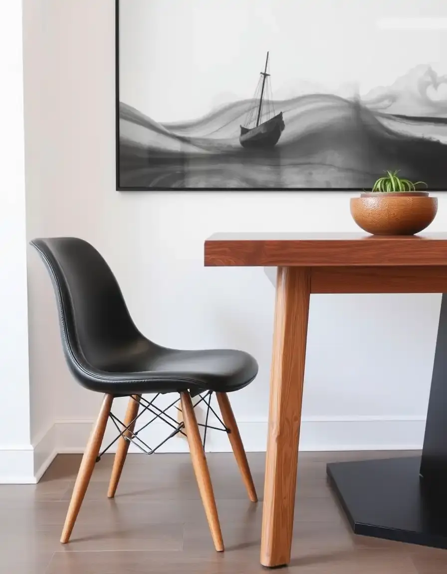 Black dining leather chair with wood legs in a modern dining room