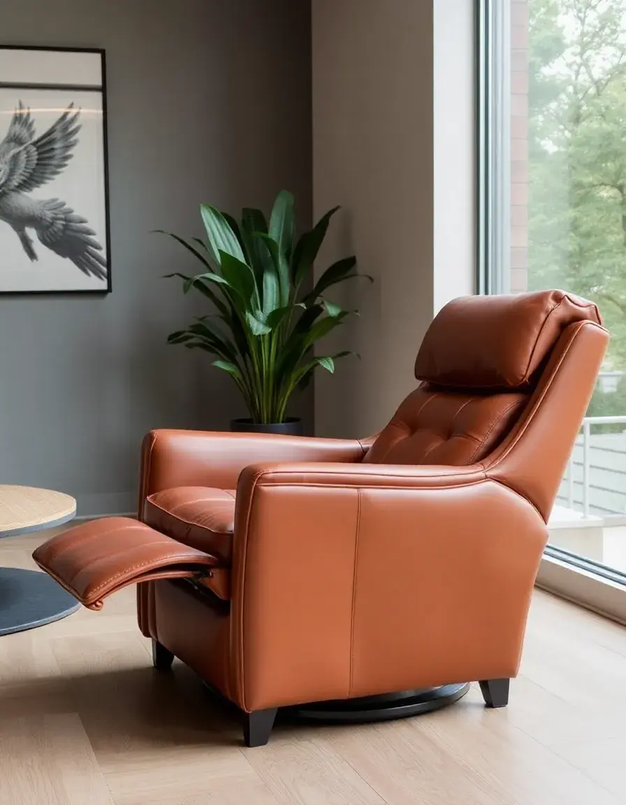 Tan lounge leather chair reclining in a sunlit living room