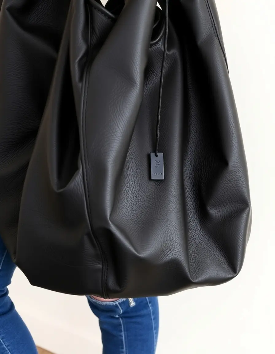 Black large slouchy leather hobo bag showing deep texture