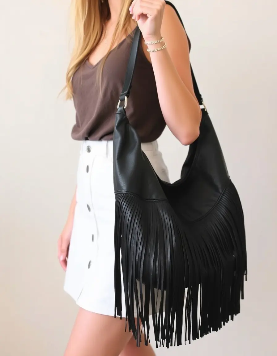 Black fringe leather hobo bag showing movement