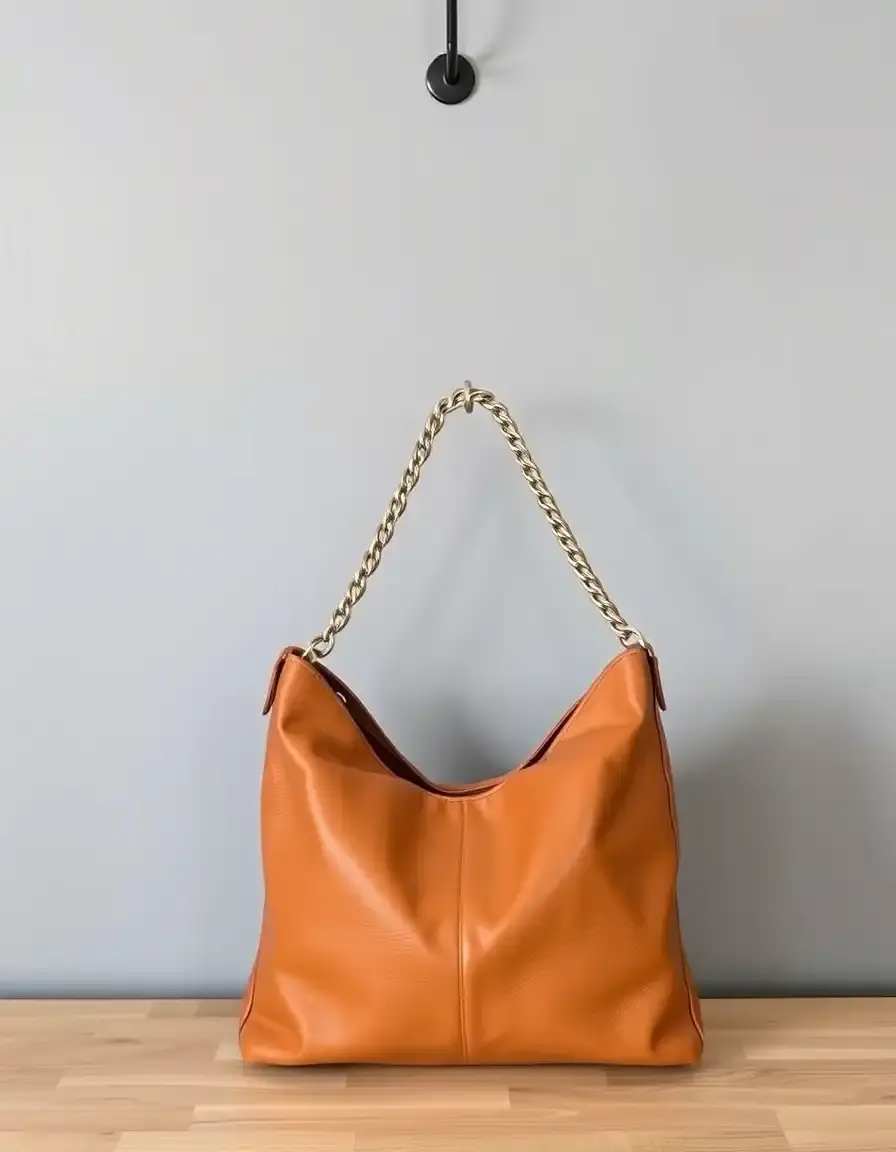Tan chain handle leather hobo bag showing metallic details