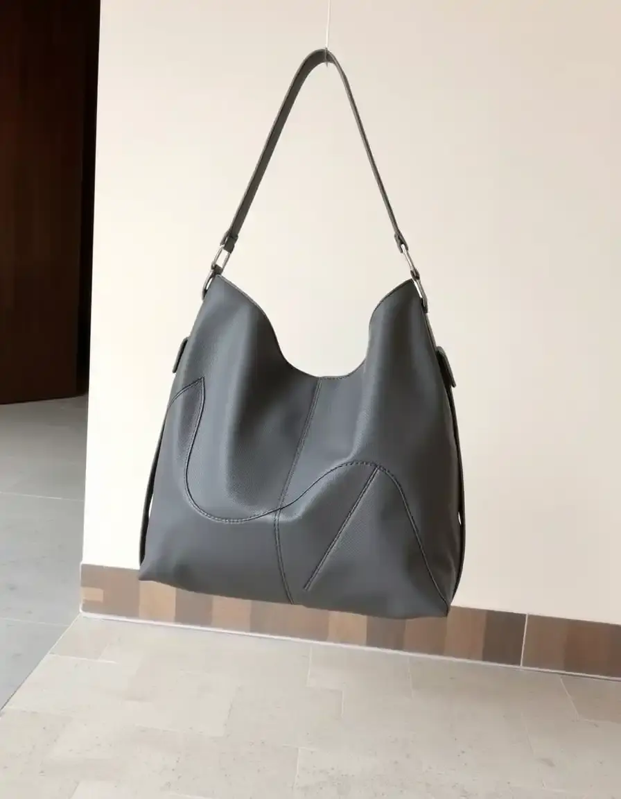 Gray minimalist leather hobo bag with clean lines