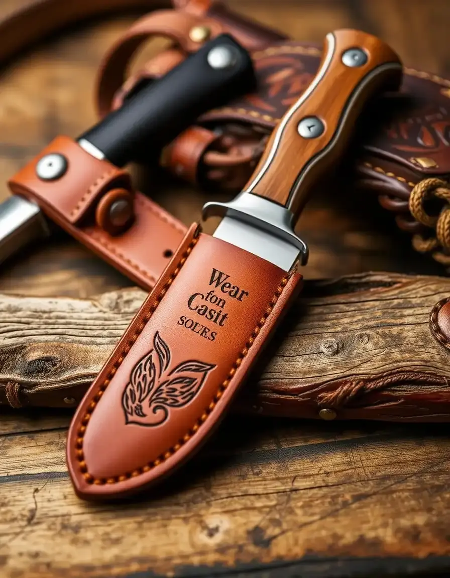 Tan custom engraved leather knife sheath