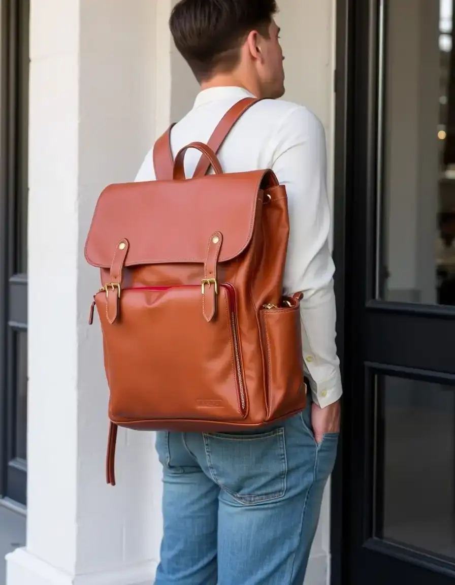 Tan backpack style leather laptop bag