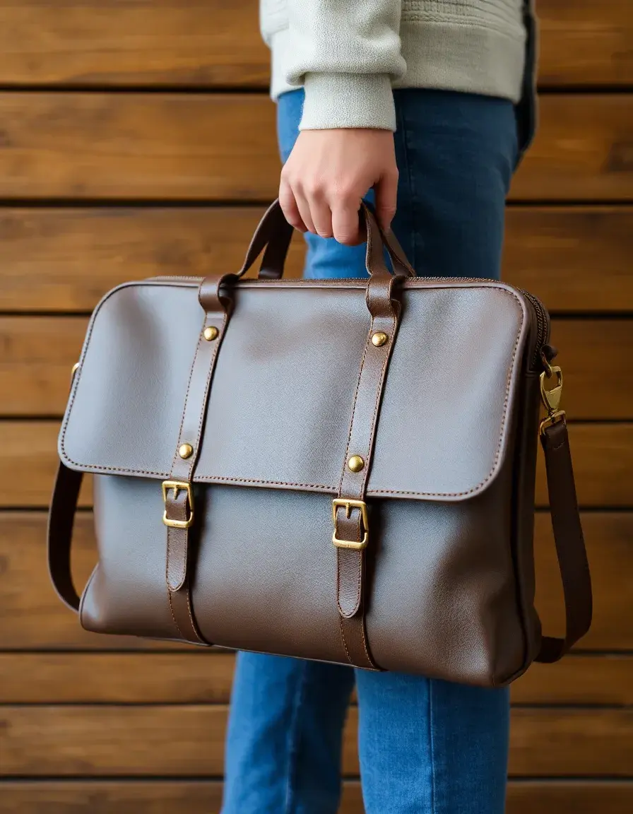Gray vintage leather laptop bag