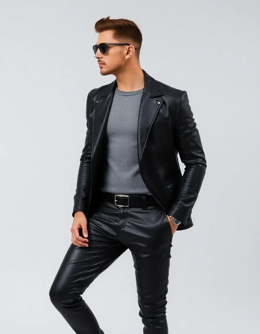 Black slim fit leather pants men