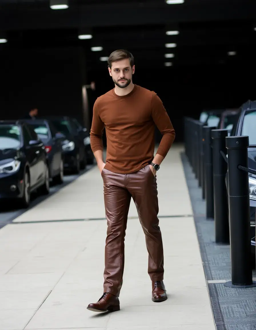 Brown straight leg leather pants men