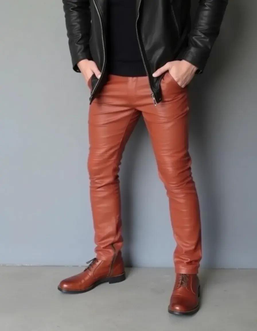 Tan biker style leather pants men