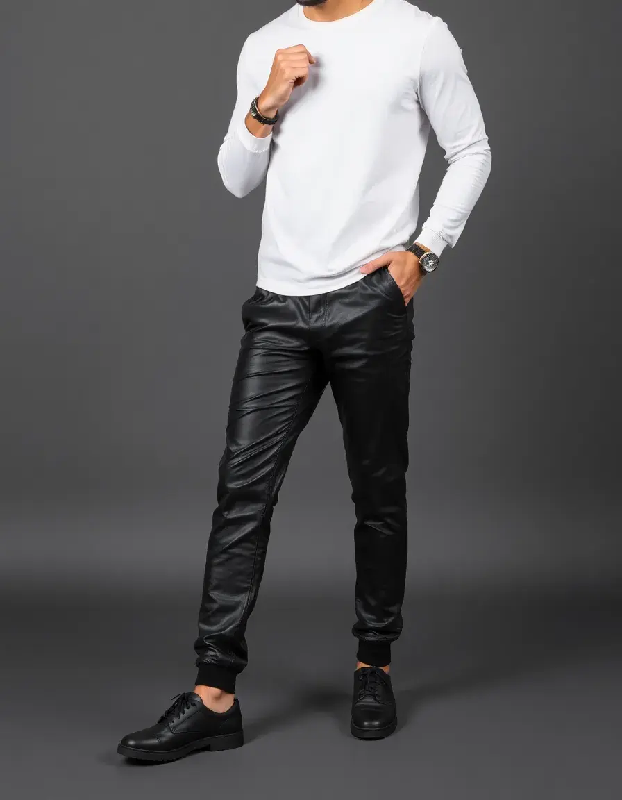 Black jogger cuff leather pants men