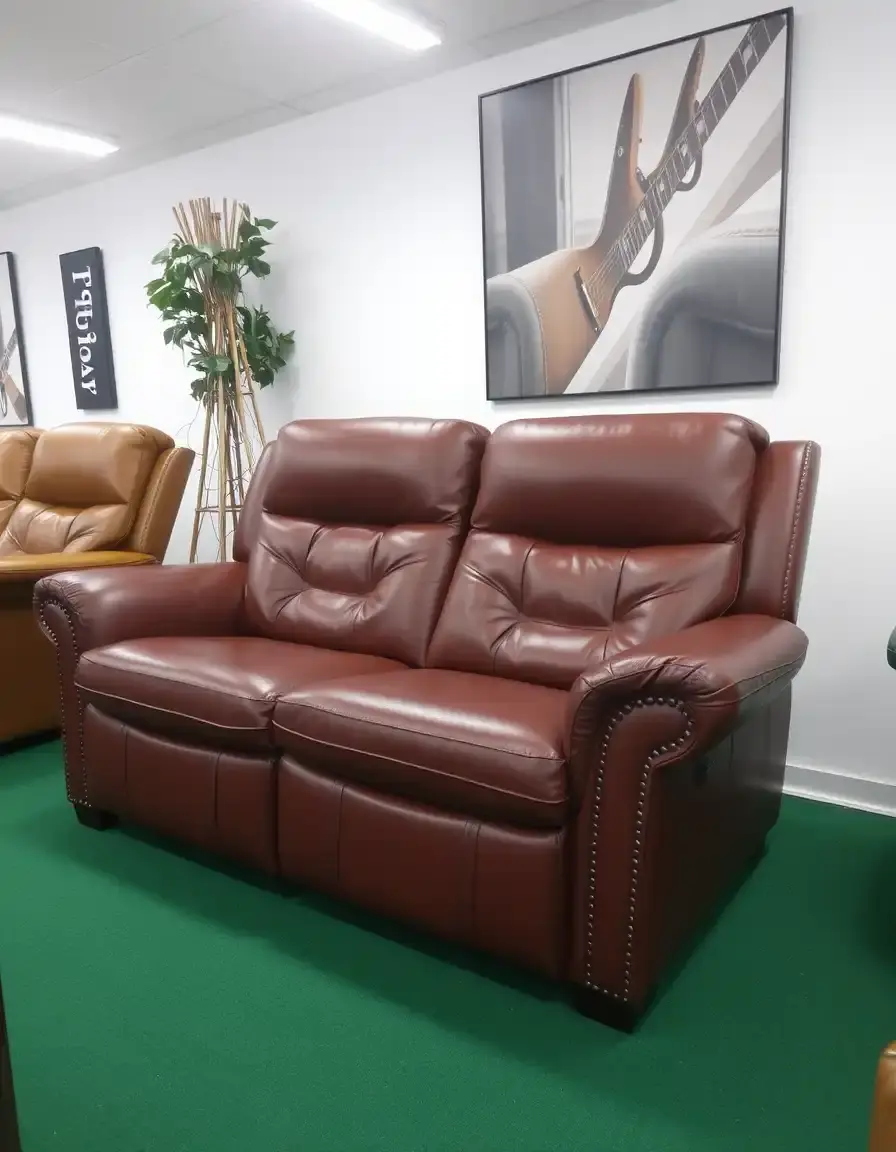 Brown 2-seater leather recliner settee in a cozy living room