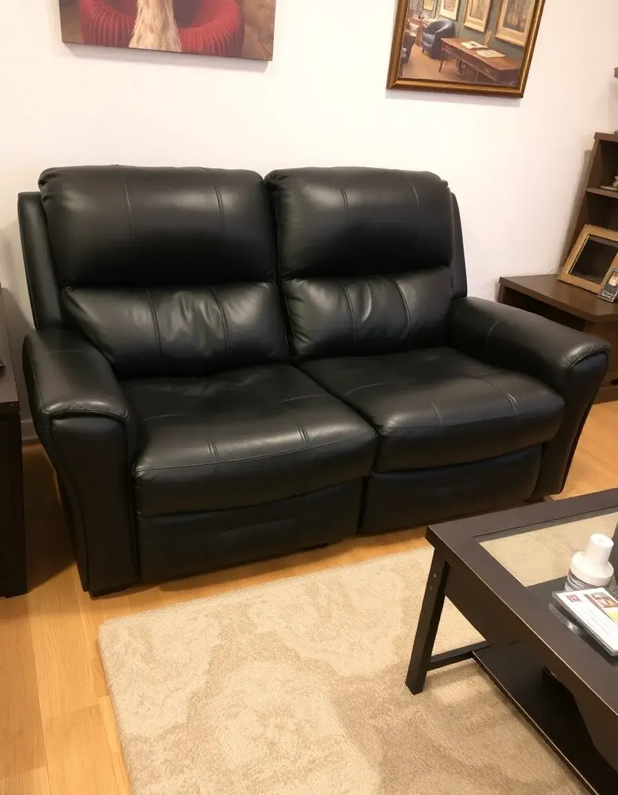 Black manual leather recliner settee with modern lines