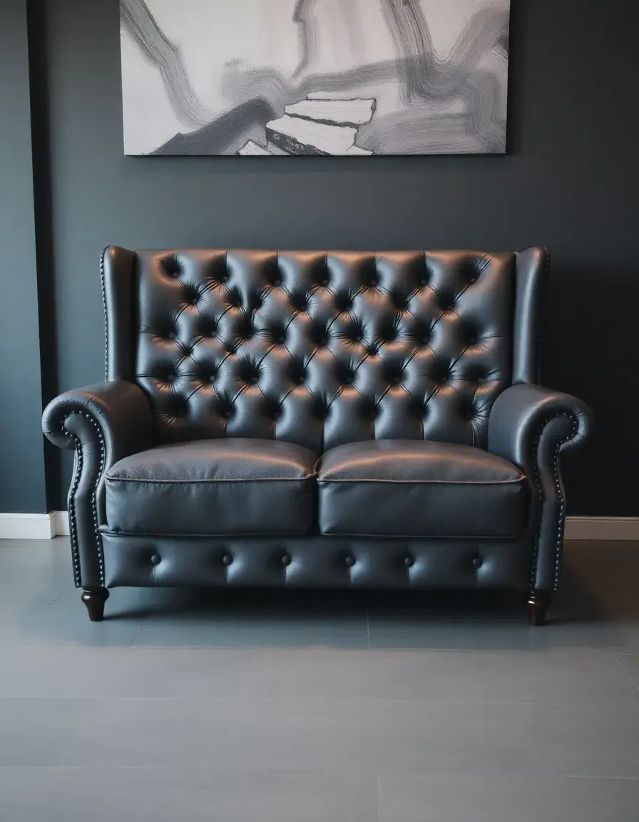 Gray tufted leather recliner settee showing elegant craftsmanship