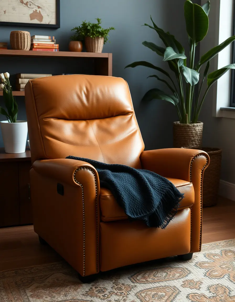 Tan petite leather recliner