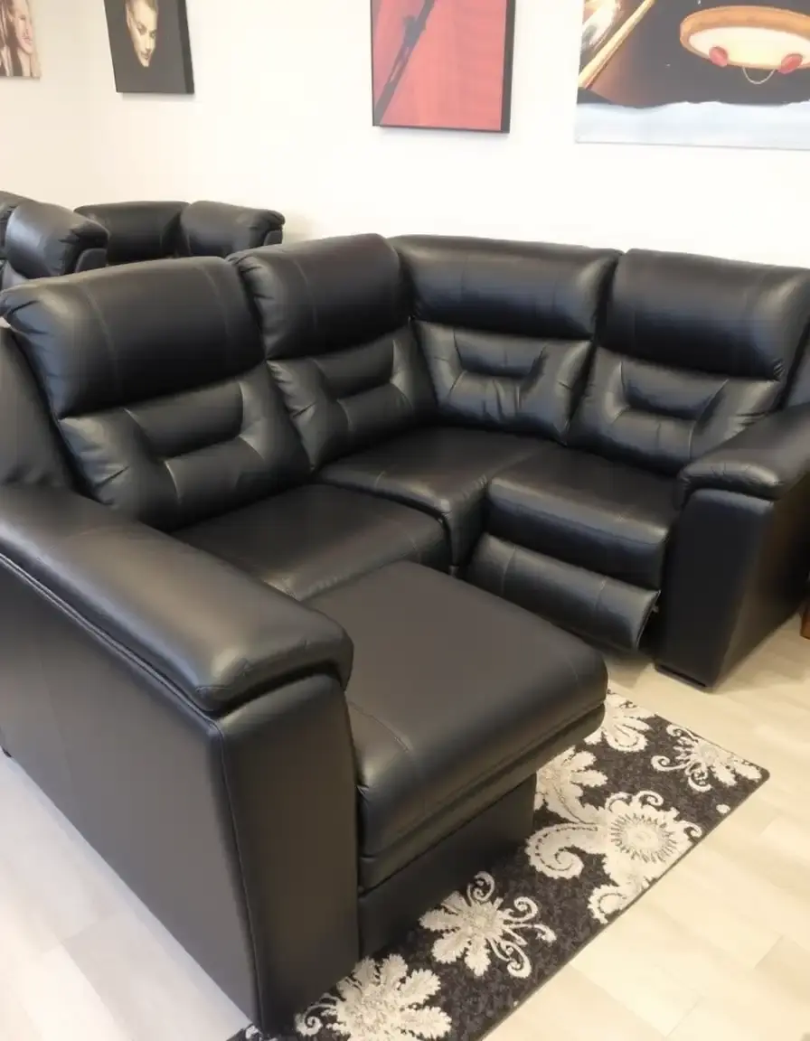Black sectional leather reclining couch