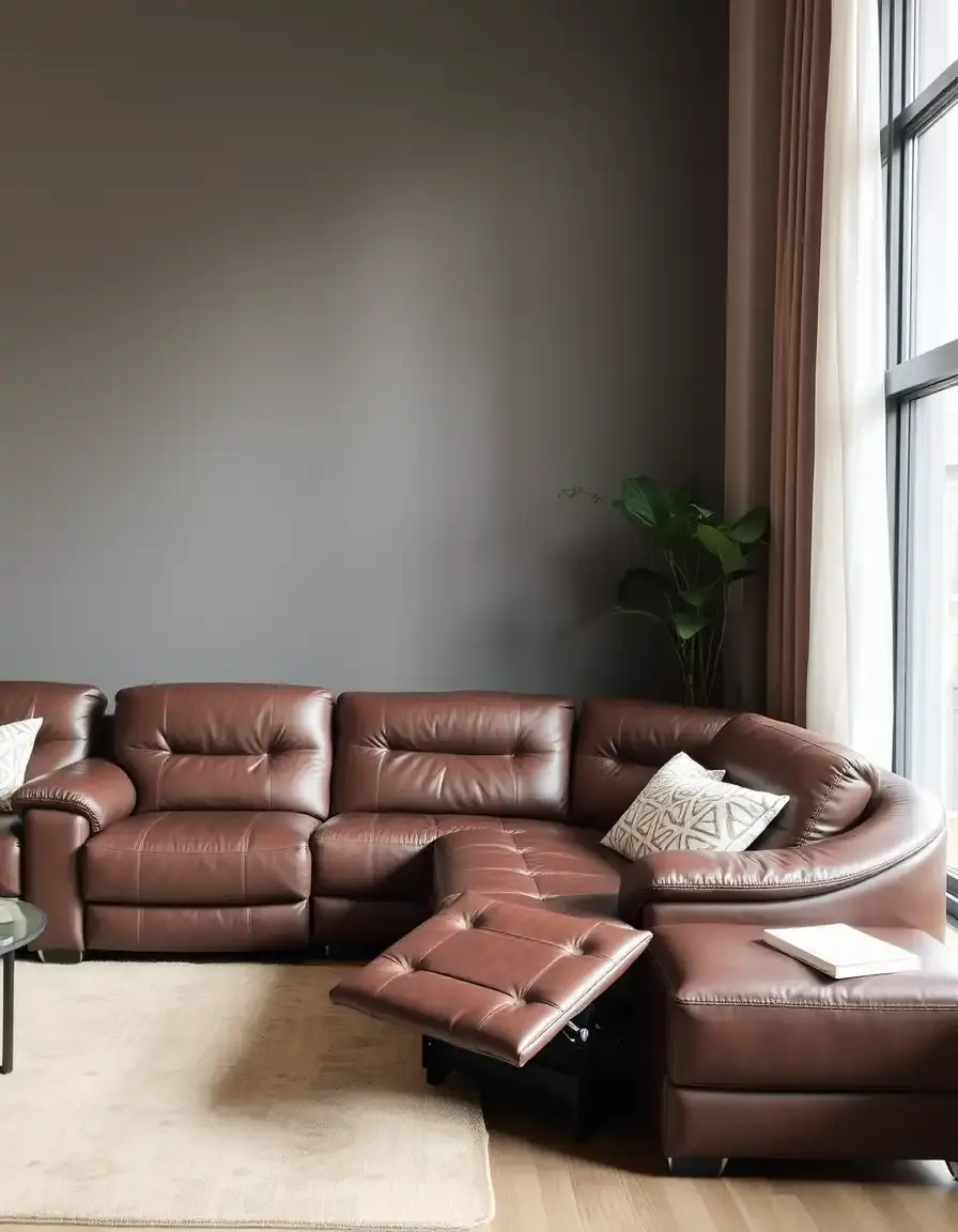 Brown L-shaped leather reclining sectional