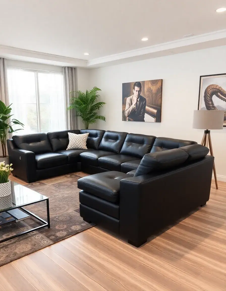Black U-shaped leather reclining sectional