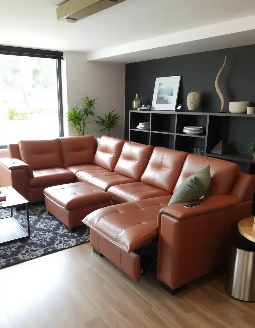 Tan modular leather reclining sectional