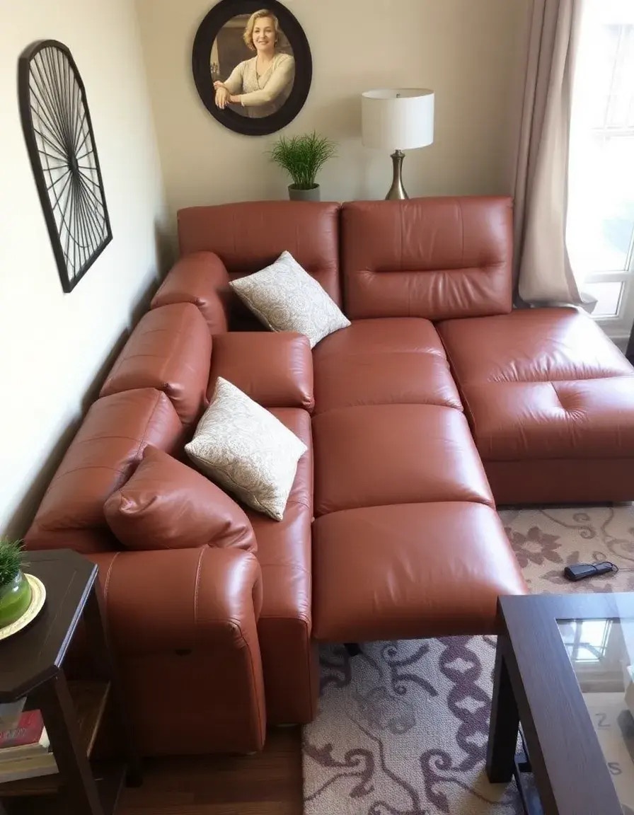 Large tan leather reclining sectional in a family living room