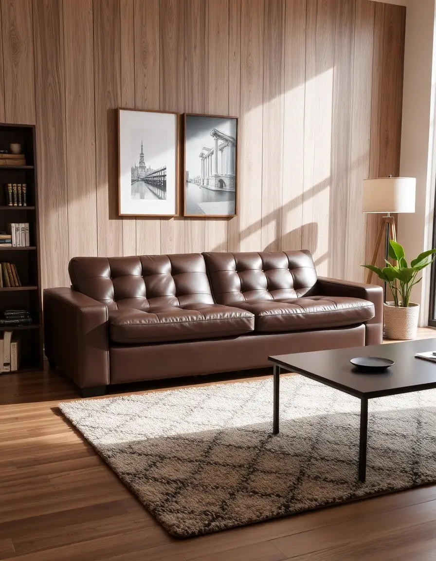 Brown queen size leather sleeper sofa in a cozy living room