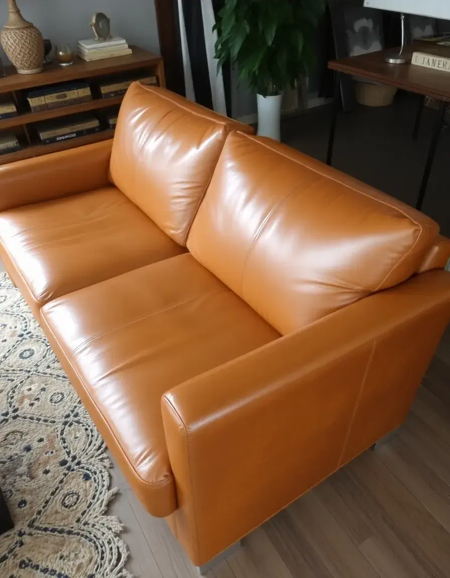 Distressed tan vintage leather sleeper sofa with character