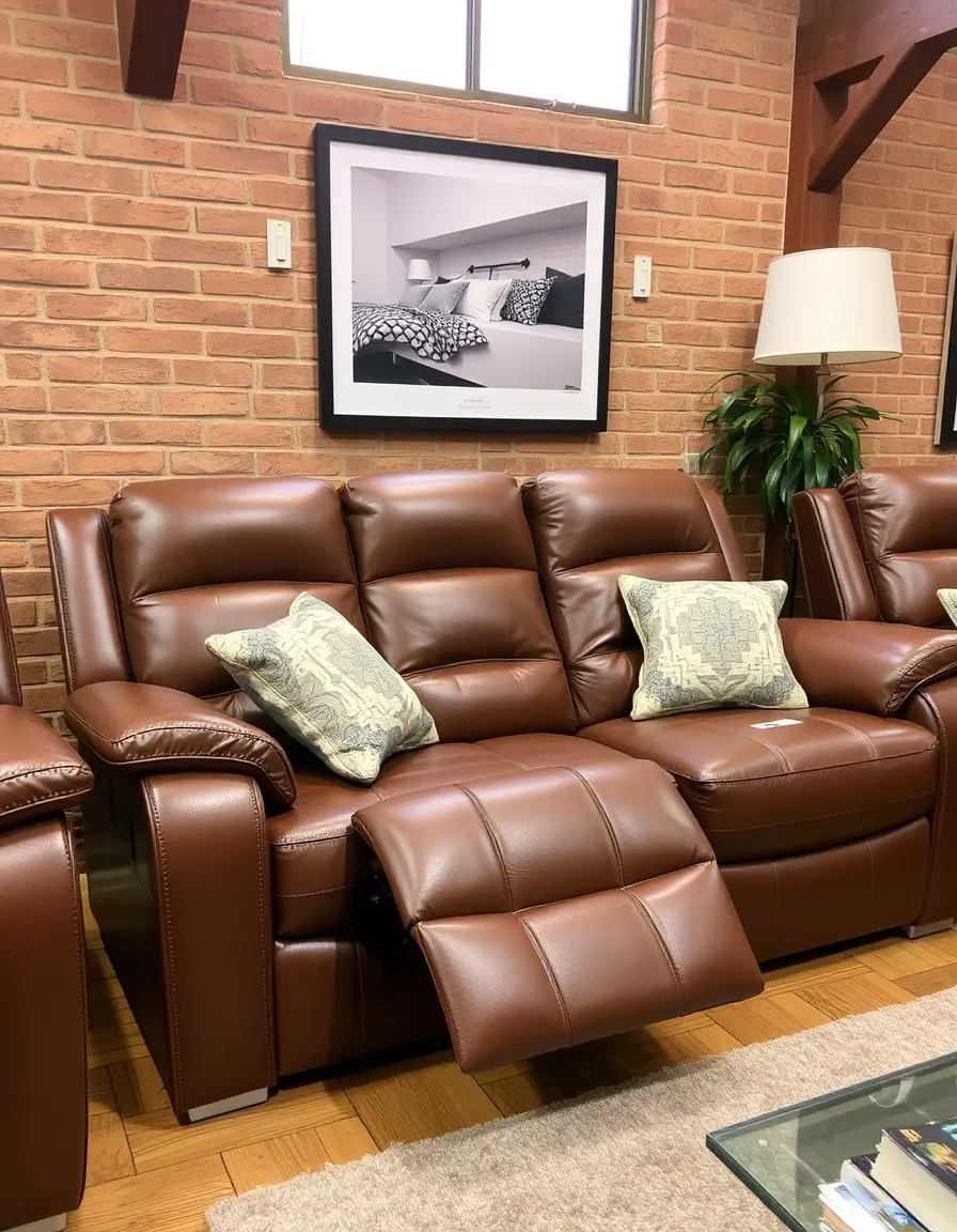 Brown 3-seater leather sofa recliner in a cozy room