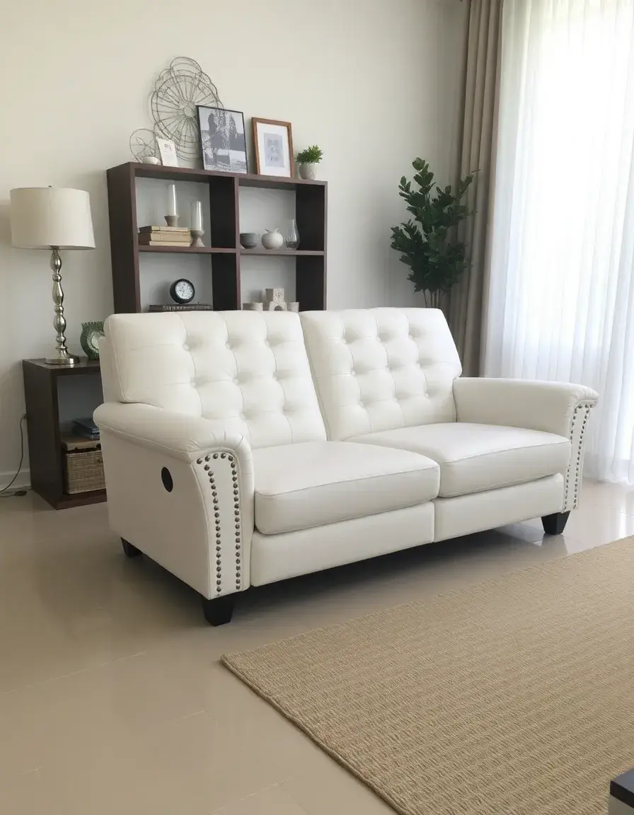 White tufted leather sofa recliner