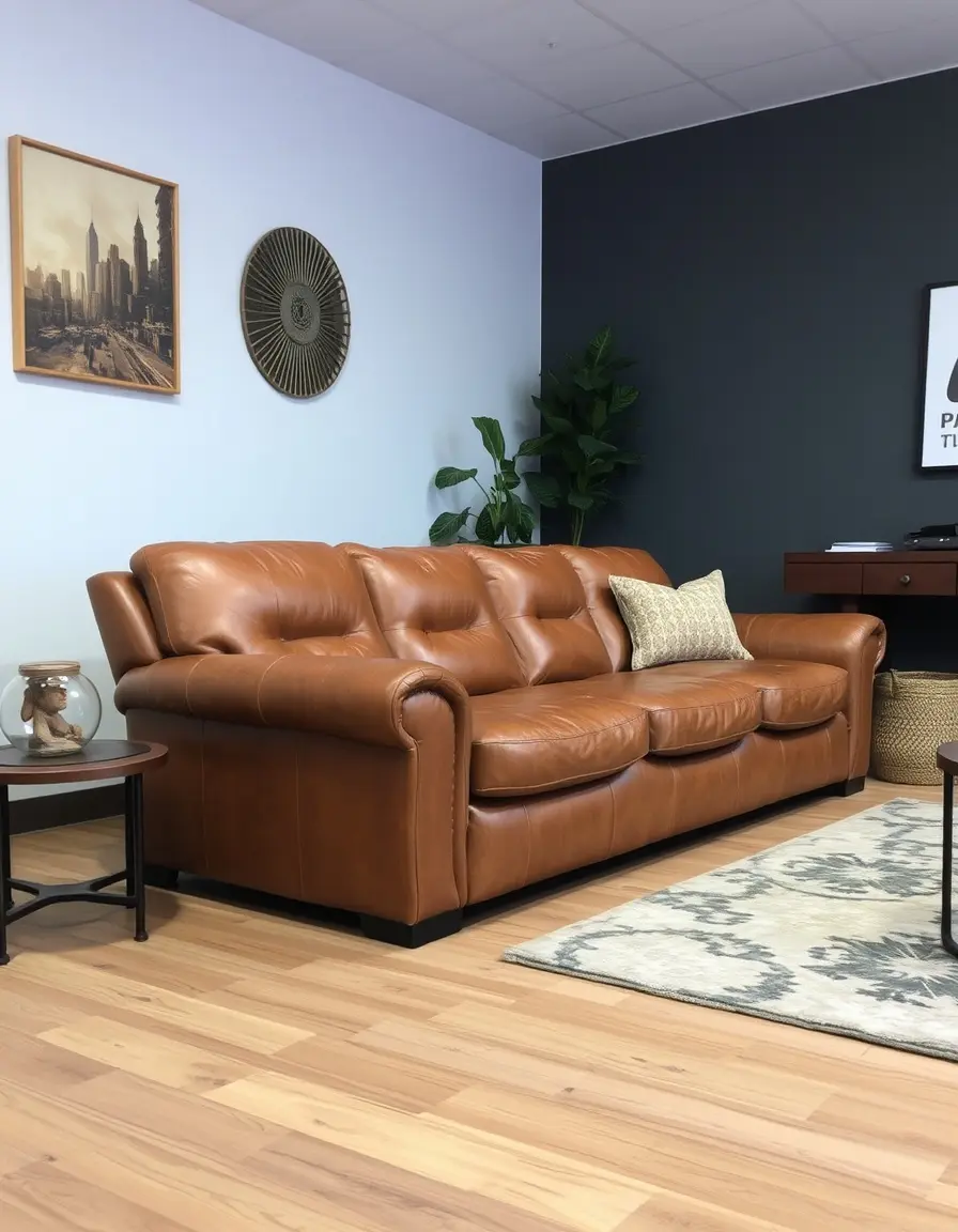 Distressed tan leather sofa recliner