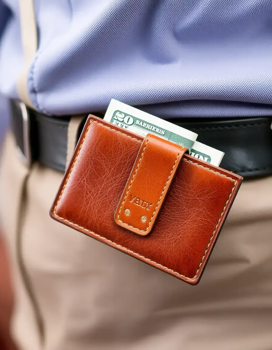 Tan money clip leather wallet